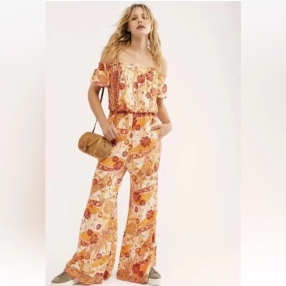 Free People Carmen Jumpsuit Off Shoulder Floral Wide Leg Size S